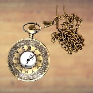 Vtg Bronze Metal Pocket Watch Pendant with Fresh Battery Item #1043